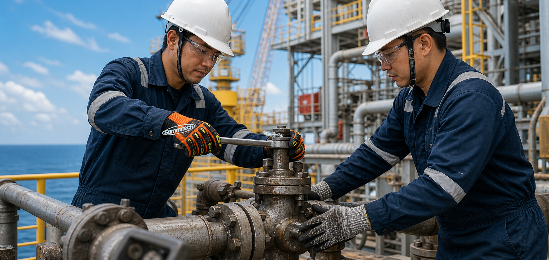 Sarung tangan Summitech M09 High Impact dan NI 12(5) BK digunakan di oil rig