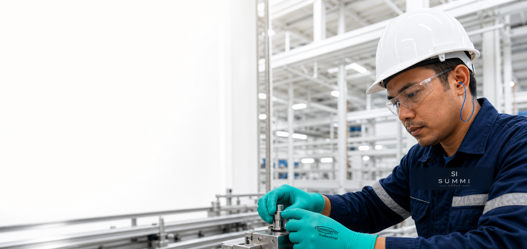 Industrial worker wearing Summi Group uniform and safety gloves